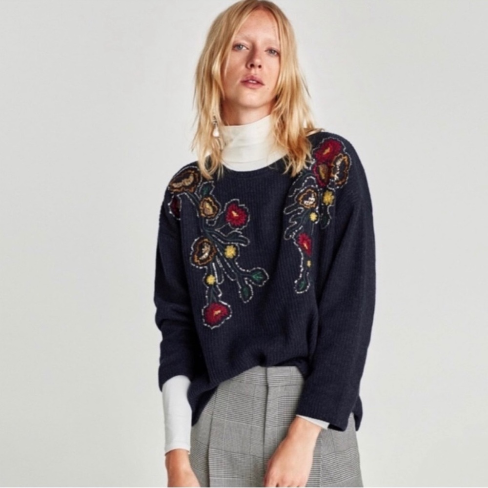 ZARA | Floral Embroidery Sequin‎ Boho Sweater